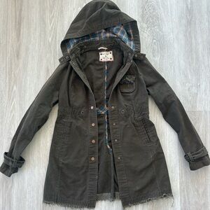 Free people military style utility Jacket Brown Wmn 6 Plaid hood Boho minimalist